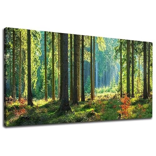 NINEASO Green Forest Canvas Wall Art - Sunny Forest Picture for Wall Decor Trees Flowers Grassland Canvas Painting Nature Landscape Prints Artwork for
