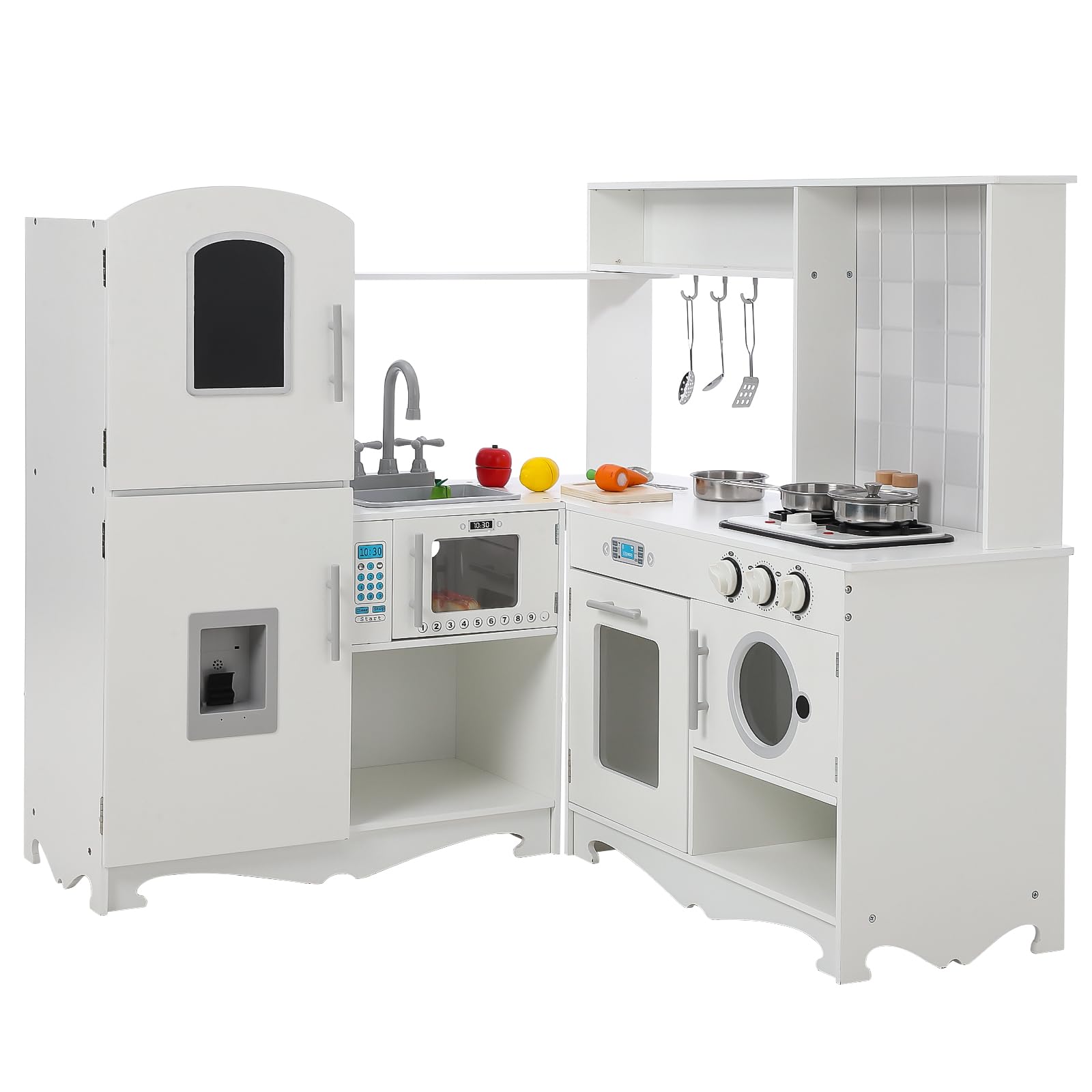 Garvee Corner Play Kitchen-Wooden Kitchen Playset w-Cooking Stove,Oven,Sink, Microwave, Blackboard, Storage Cabinets,Washing Machine-Pretend Cooking T