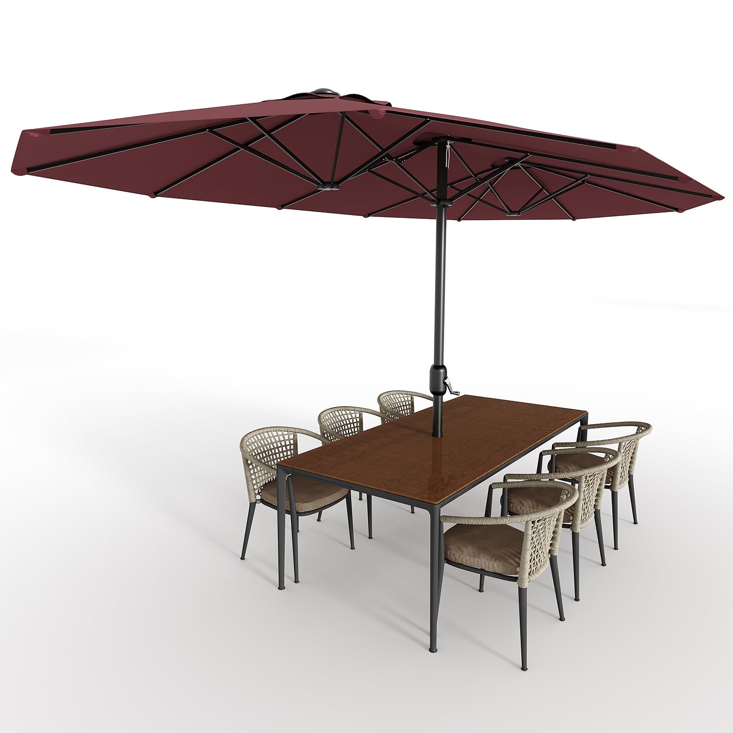 Garvee 13' Double-Sided Outdoor Patio Umbrella - Rectangle Market Umbrella with Crank Handle for Poolside, Backyard, Large Patio, Wine Red