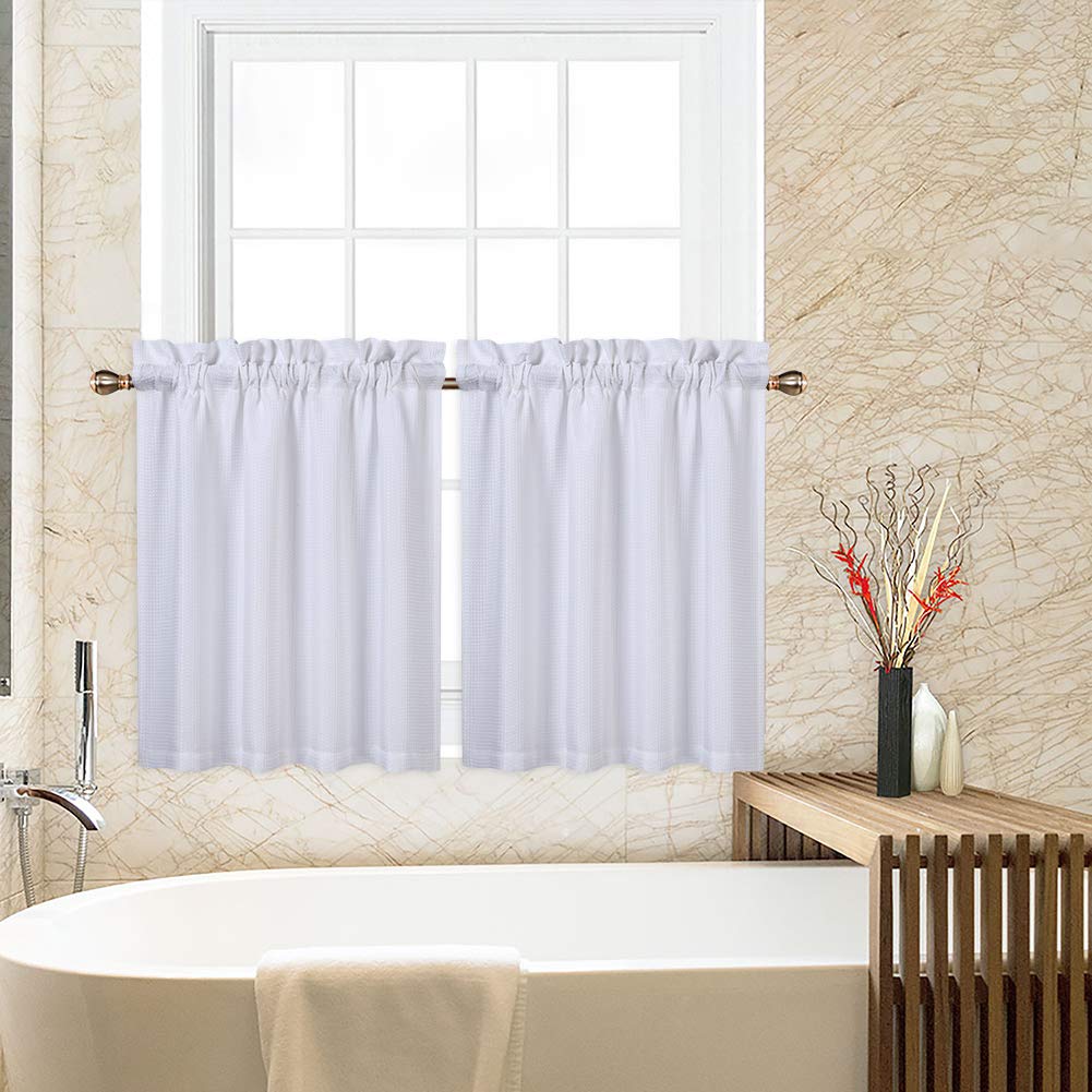 Garvee Cafe Curtains 30 Inch Length, Waffle Woven Textured Small Tier Curtains for Kitchen Bathroom Window Curtainss Short, White