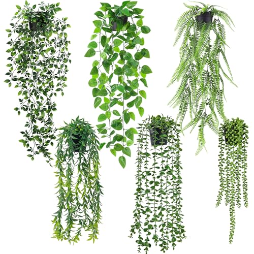 Der Rose 6Pcs Fake Hanging Plants Artificial Vines Faux Hanging Plants Indoor for Bathroom Kitchen Wall Bookshelf Outdoor Decor