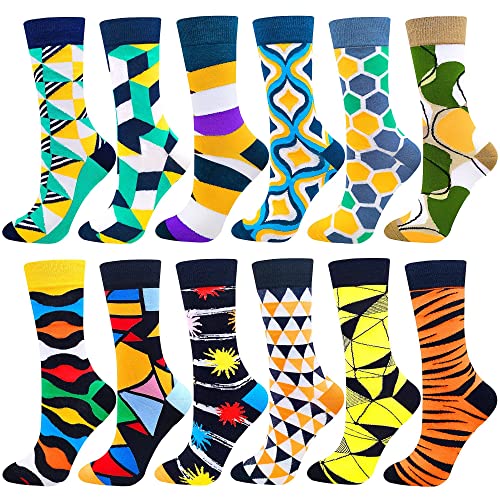 Fun Colorful Socks Patterned Funky Happy Crew Sock Combed Cotton Stockings Packs One Size 12 Pairs-geometric Series1210