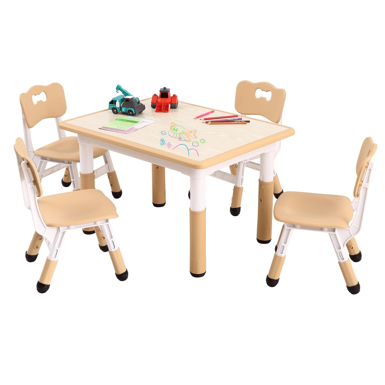 Garvee Adjustable Kids Table and Chairs Set, 4-Seat Desk for Ages 2-10, Arts & Crafts, Graffiti Desktop, Non-Slip, Max 300lbs, Ideal for Classrooms, D