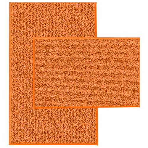 Orange Bathroom Rugs 2 Pieces Bright Orange Bath Rugs Fall Shower Rugs with Small Rug Contour Toilet Mat Absorbent Chenille Plush Bath Mats Non Slip B
