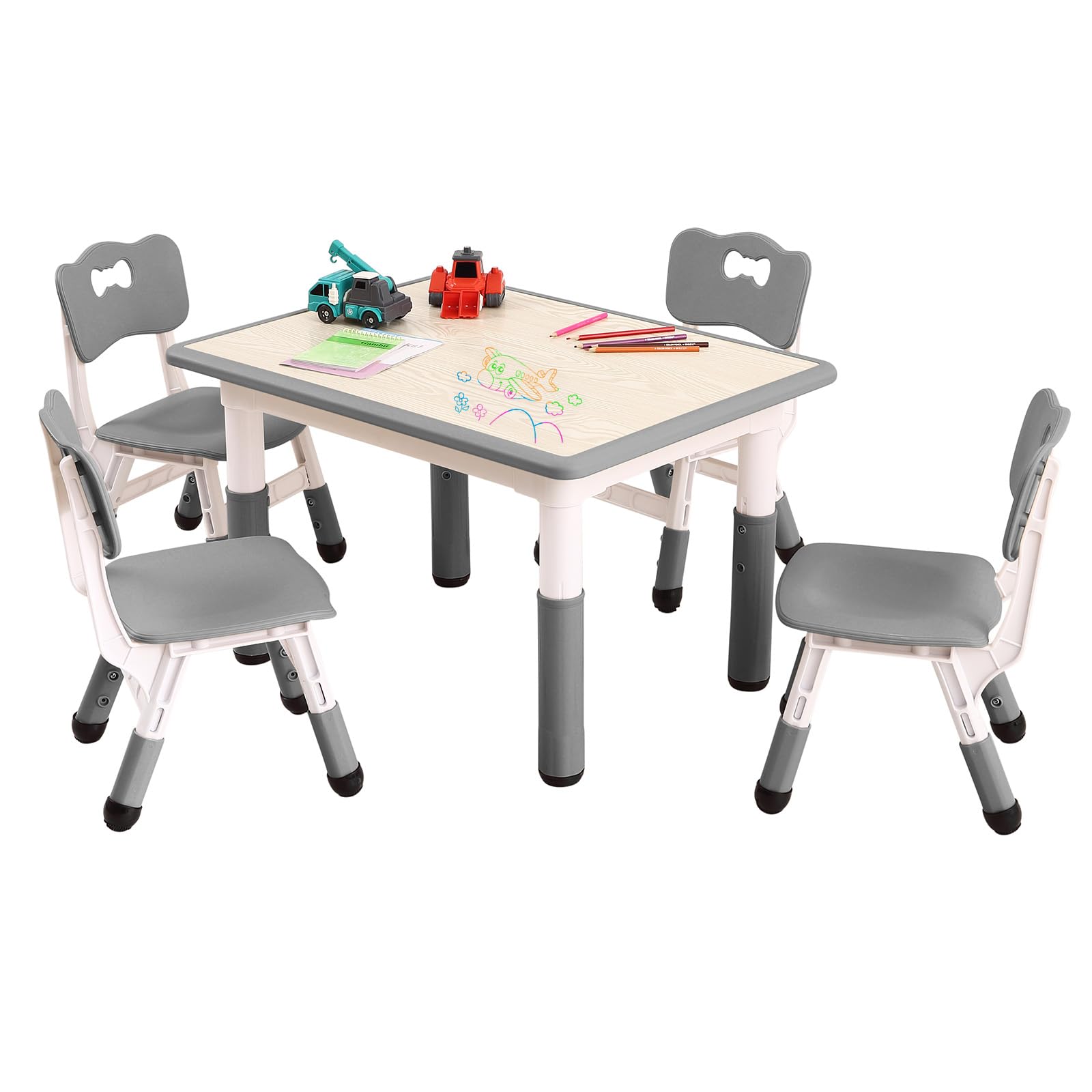 Garvee Kids Table and Chairs Set, Adjustable Height 4-Seat Desk for Ages 2-10, Arts & Crafts Study Table for Classrooms, Daycares & Homes, Grey