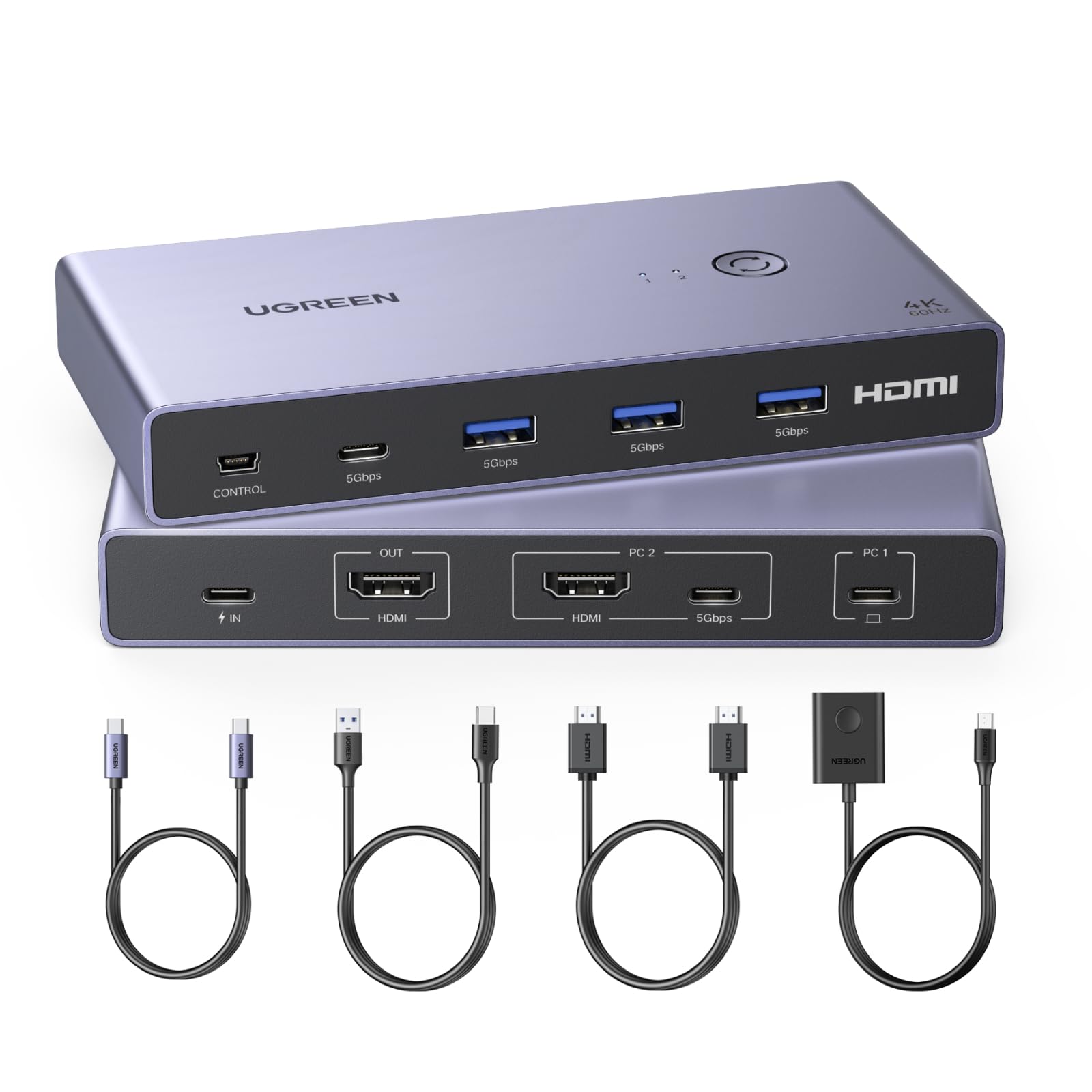 UGREEN USB-C+HDMI KVM Switch 1 Monitor 2 Computers with 4 USB 3.0 Ports 4K@60Hz Aluminum for 1 Laptop & 1 Desktop Share One Monitor Keyboard Mouse Pri