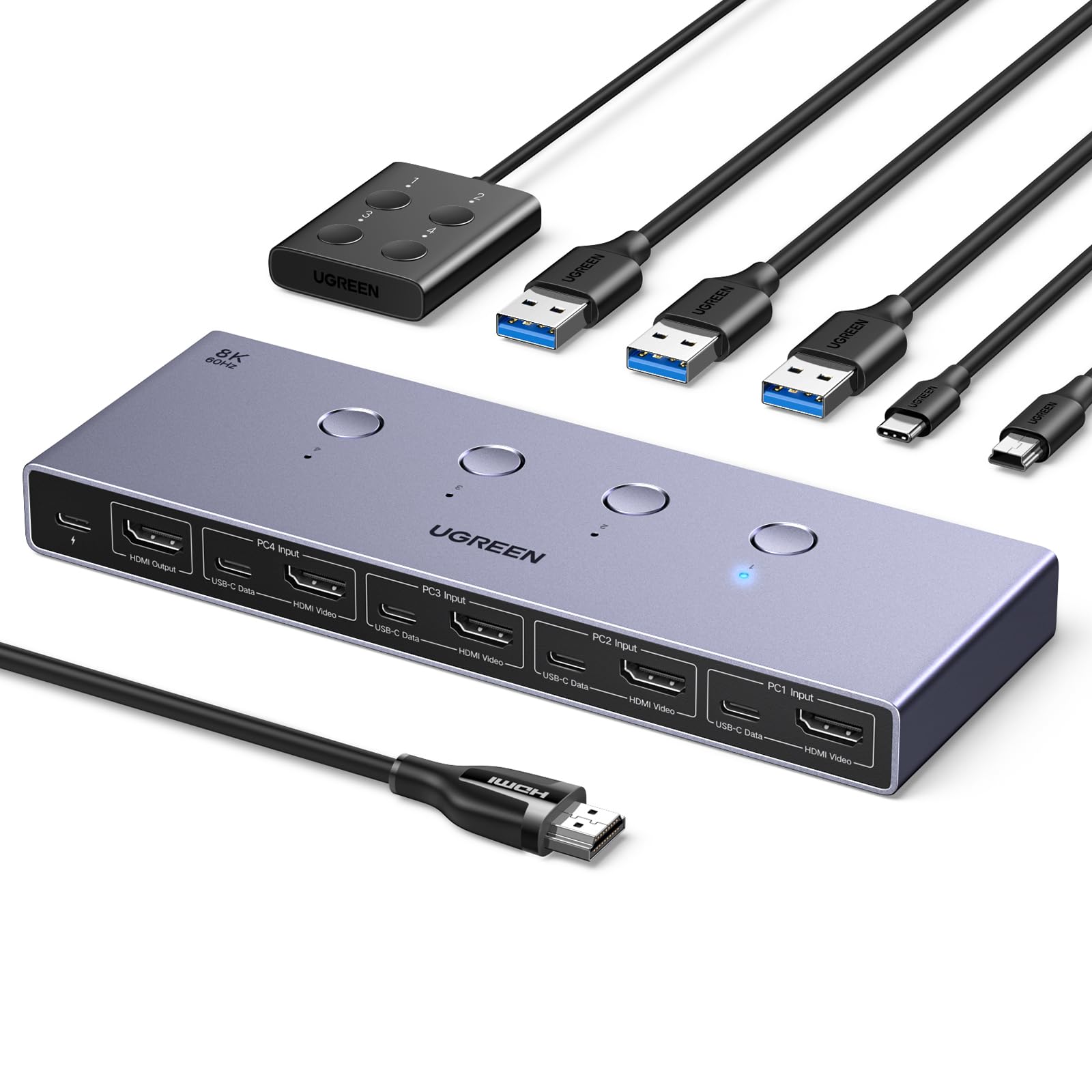UGREEN HDMI 2.1 KVM Switch 4 In 1 Out 8K@60Hz USB 3.0 Switch 4 Ports 1 Monitor und Tastatur, Maus, Drucker, U Disk für 4PC