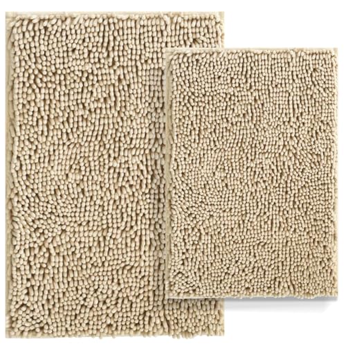RUN HELIX Beige Bathroom Rug Mat, Extra Thick and Absorbent Bath Rugs, Non-Slip Bath Mat Set, Chenille Soft Plush Shaggy Rugs, Washable Bath Mats, Bat