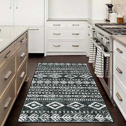 Lahome Boho Moroccan Kitchen Rugs, 4x6 Washable Black White Bedroom Area Rug Low-Pile Soft Office Rug, Non-Slip Tribal Print Pattern Large Entry Rug I