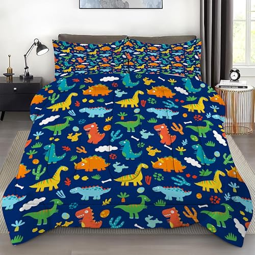 Dark Blue Dinosaurs Comforter Set King Size Cartoon Dinosaurs Bedding Set for Boys Kids Toddlers Teens Cute Quilt 1 Comforter + 2 Pillow Cases Lb04-4