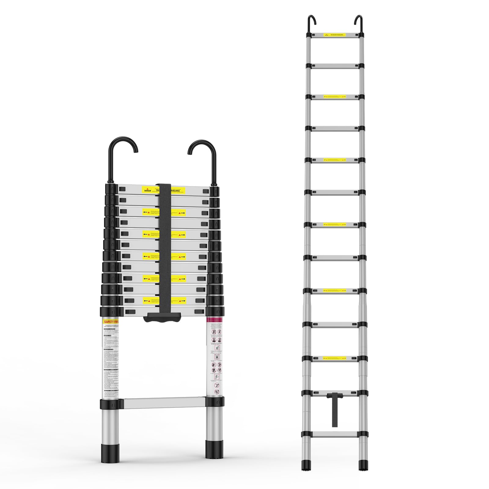 Garvee 12.5 Ft Telescoping Ladder, 330lbs Capacity Aluminum Extension Ladder with Locking Mechanism and Hook, Portable Folding Ladder, Multi-Purpose C