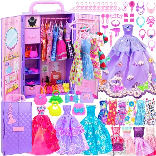 Ecore Fun 108 Pcs Doll Clothes and Accessories with Purple Doll Closet for 11.5 Inch Dolls - Including Party Dresses Fashion Dress Outfits Swimsuits S