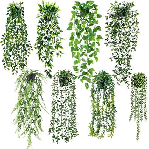 Der Rose 8Pcs Fake Hanging Plants in Black Pots Artificial Ivy Vines Faux Eucalyptus Plants for Bathroom Bookshelf Wall Shelf Decor Indoor