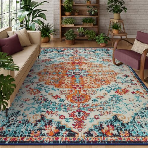 Lahome Boho Rugs for Living Room 8x10,Washable Orange Bedroom Area Rug Soft Low Pile Dining Room Rugs for Under Table,Vintage Thin Non Slip Printed Nu