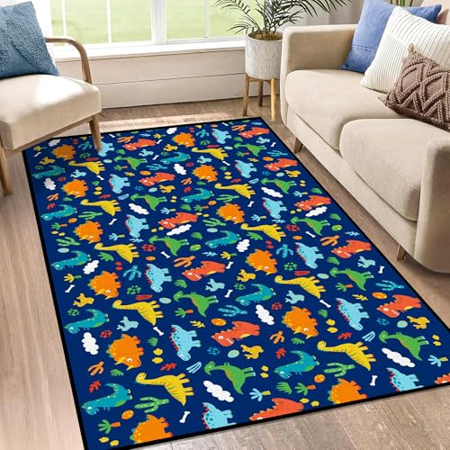 3' x 5' Dinosaurs Rug Blue Area Rugs for Kids Boys Girls Living Room Bedroom Dormitory Washable Floor Mat Cartoon Throw Rug Carpet Room Decor Dinosaur