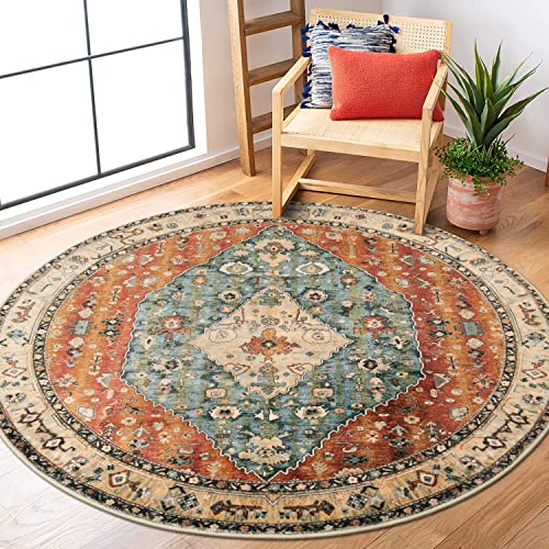 Lahome Boho Tribal Round Rugs 5ft Washable Kitchen Round Area Rug, Non Slip Bedroom Living Room Circle Circular Rug, Oriental Low Pile Entryway Carpet
