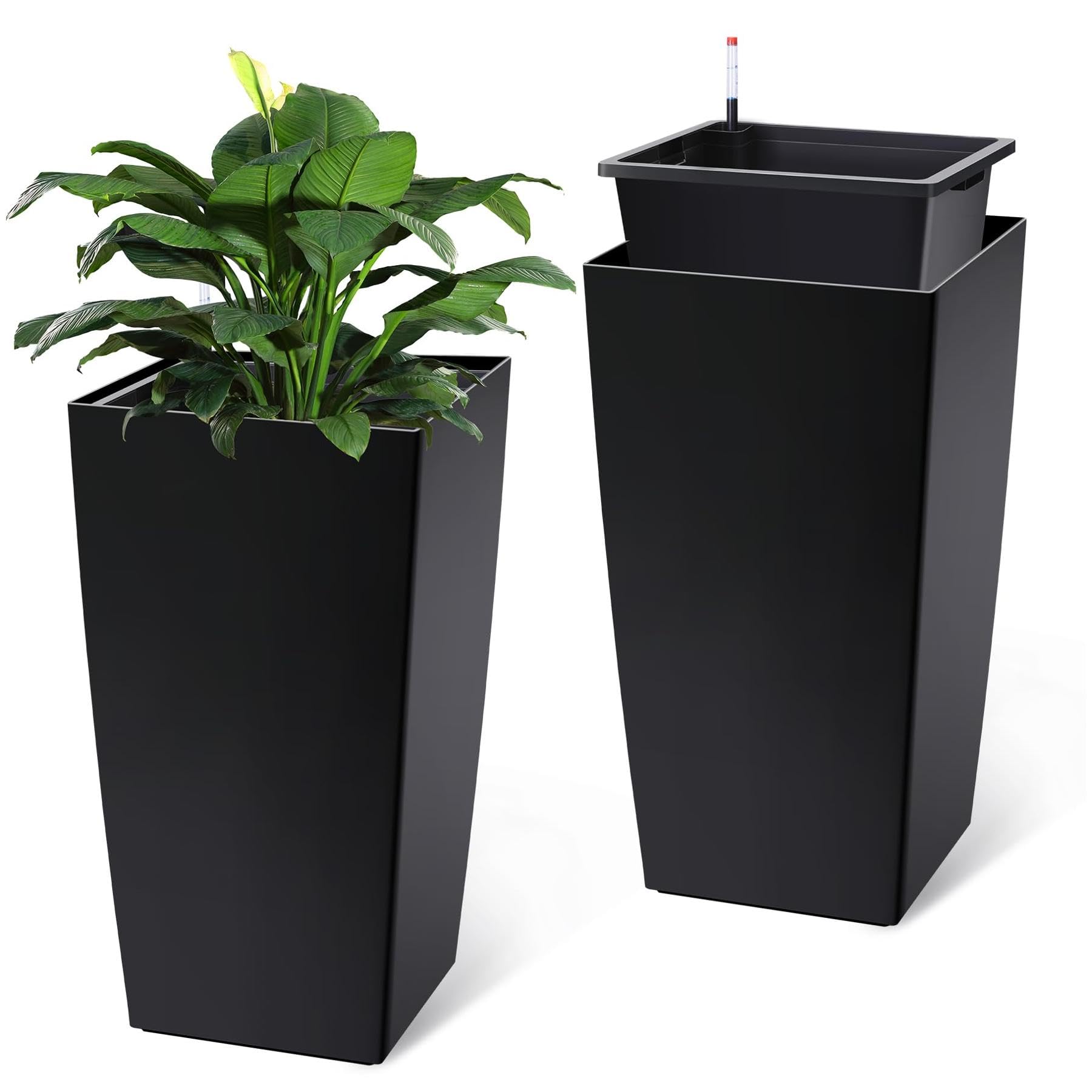 Garvee 30" Tall Planters Set of 2 - Heavy Duty Indoor-Outdoor Pots with Drainage Holes, Water Level Monitor & Automatic Watering, Black
