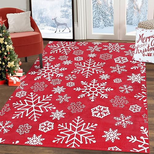 Garvee Christmas Machine Washable Area Rugs Christmas Snowflake Pattern Carpet Rug Foldable Decorative Accent Rug Farmhouse Dining Table Rug Bedroom D
