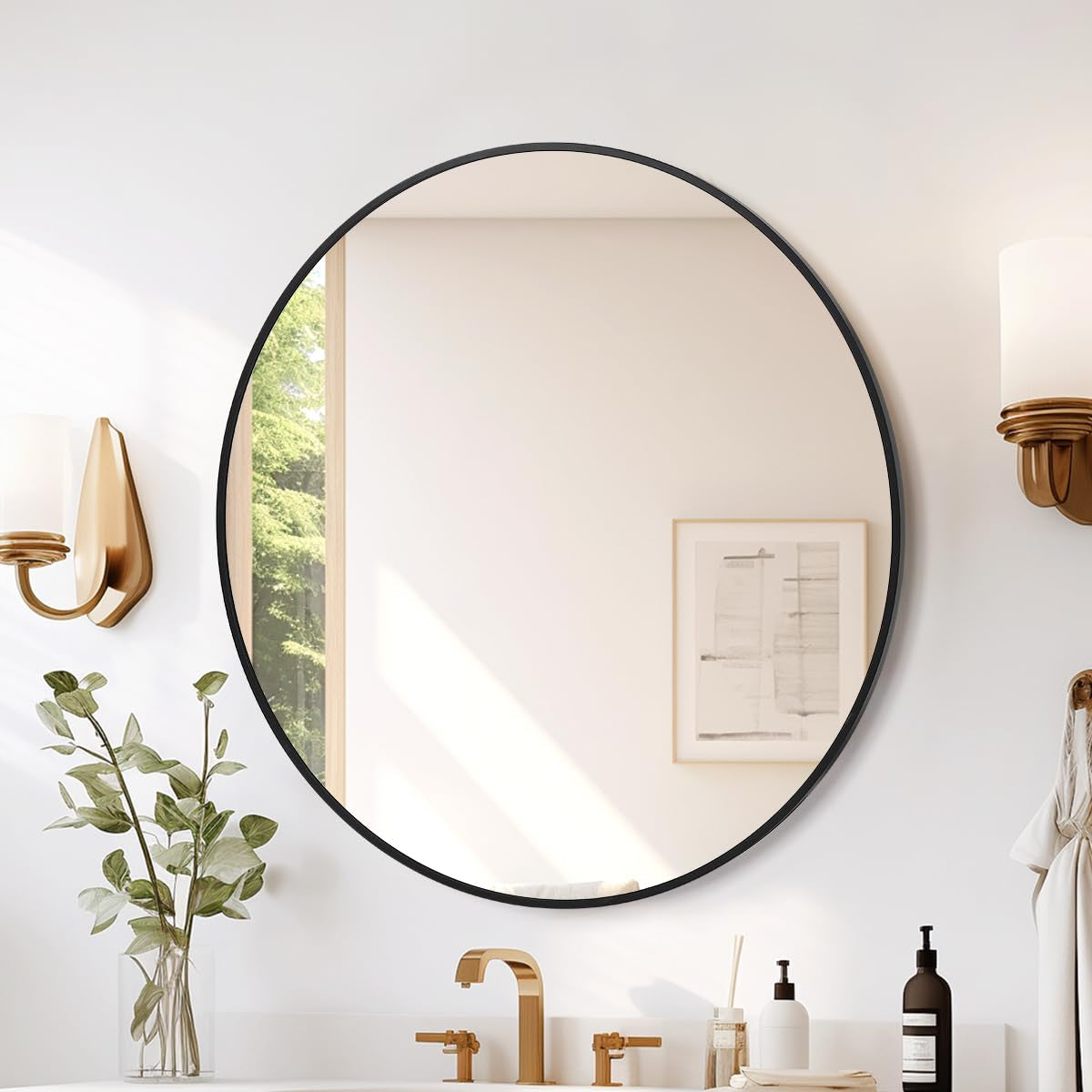 Garvee Large Round HD Eco-Friendly Bathroom Mirror, 36 inch Gold Circle, Small Matte Black Metal Frame, Easy Install for Vanity, Living Room