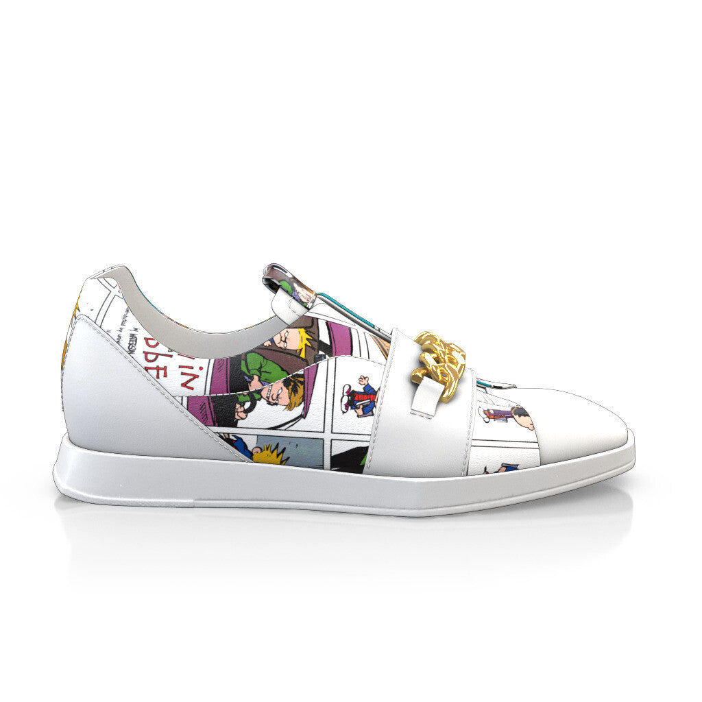 Baskets plates à enfiler Slippers Bout carré Homme Faites main en Italie en Cuir Blanc - Sur Mesure, Chaînes - GIROTTI 63604