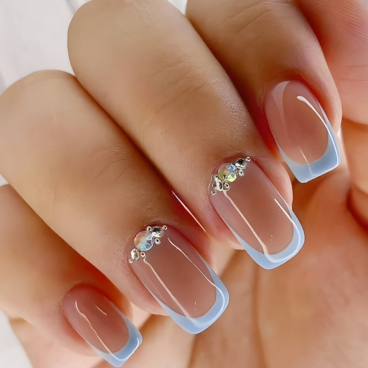 TEMU 24pcs Glossy Almond Press On Nails Stripes And Rhinestones Pattern Fake Nails Shiny Artificial Reusable False Nails