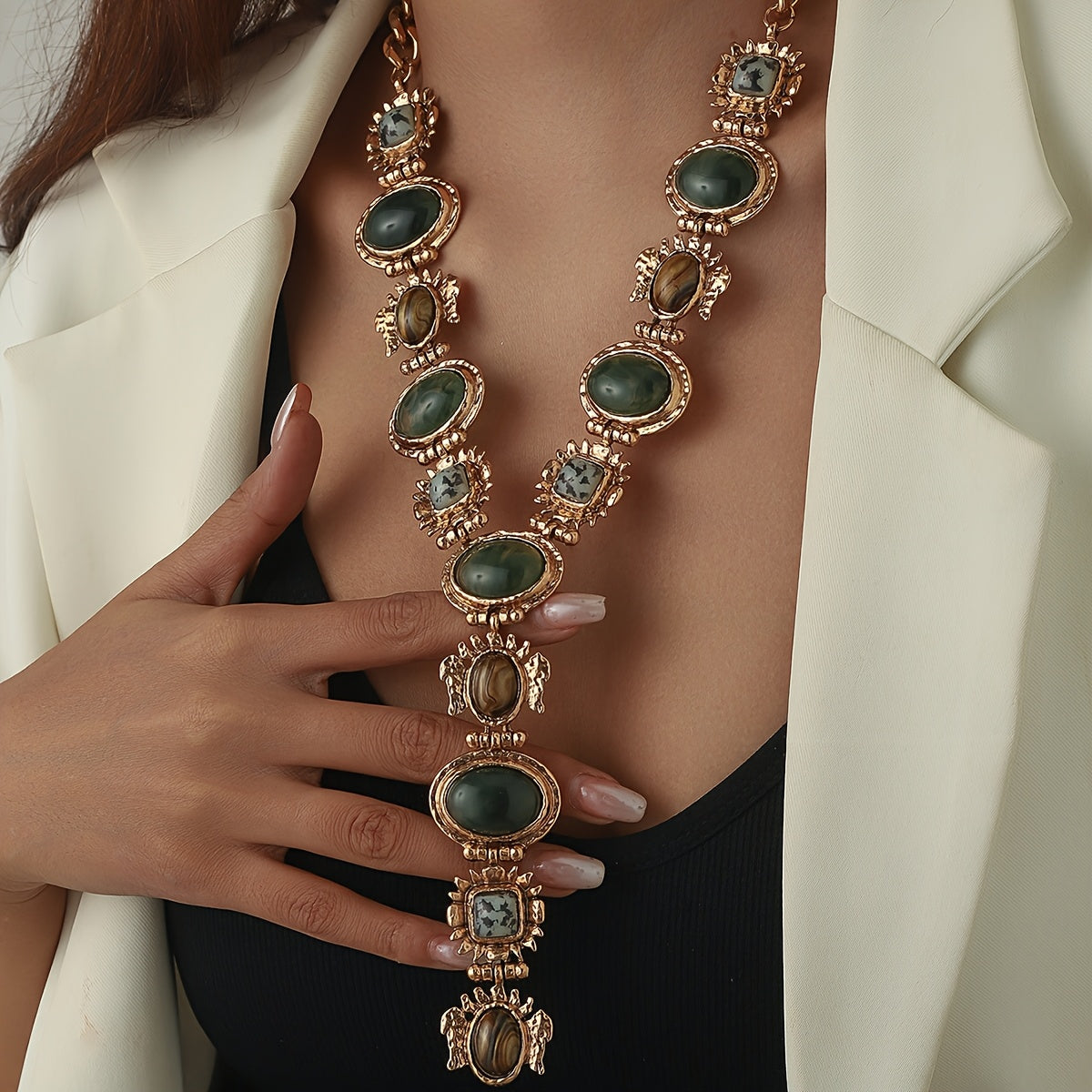 TEMU Bohemian Vintage-style Long Y-necklace With Green And Brown Gemstones – Elegant Sweater Chain For Women, Casual Attire, Valentine’s Day, And