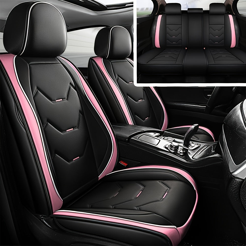 TEMU Leather 5 Seats Car Front&rear Seat Covers Universal Full Wrapped Cushion Protector Waterproof For Most Cars Black-pink Gift Decoration