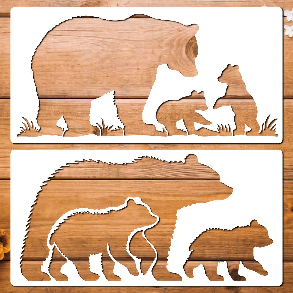 TEMU 2pcs Mama Bear And Cubs Stencils - Reusable Plastic Diy Templates For Wood Walls, Canvas, Fabric, Furniture - Ideal For Home Decor And Art