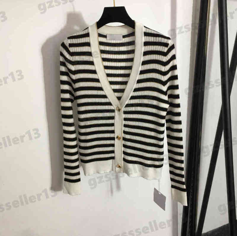 Cardigan Women Sweaters Val Fashion Brand Stud Button Gold Stripe Colorblock V-neck Knitted Cardigans Jackets Luxury Designer Womens Clothing 0912