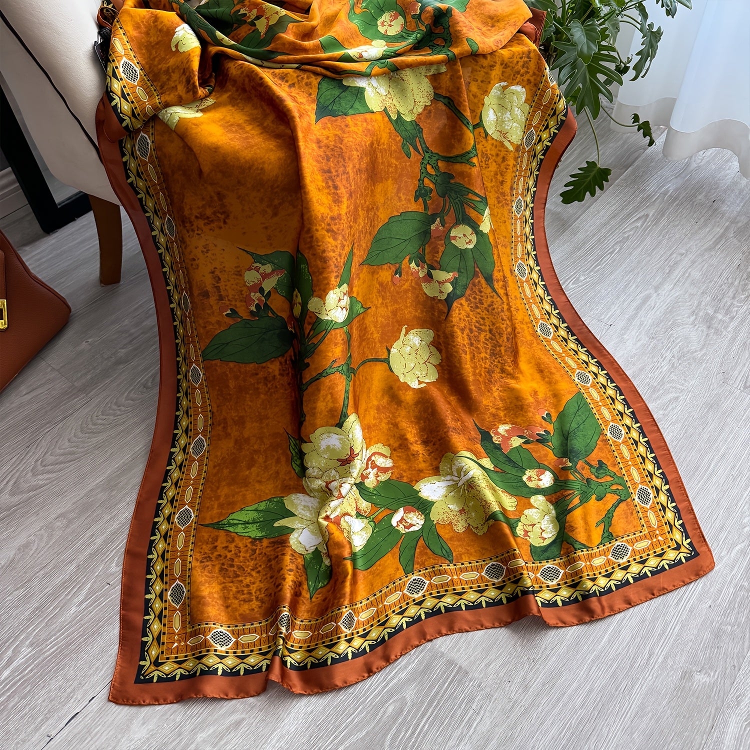 TEMU Elegant Jasmine Print Scarf, 180cm X 85cm - Vibrant , Soft Polyester Fabric, Beach & Casual Attire, Beach Accessory|vintage Style|decorative