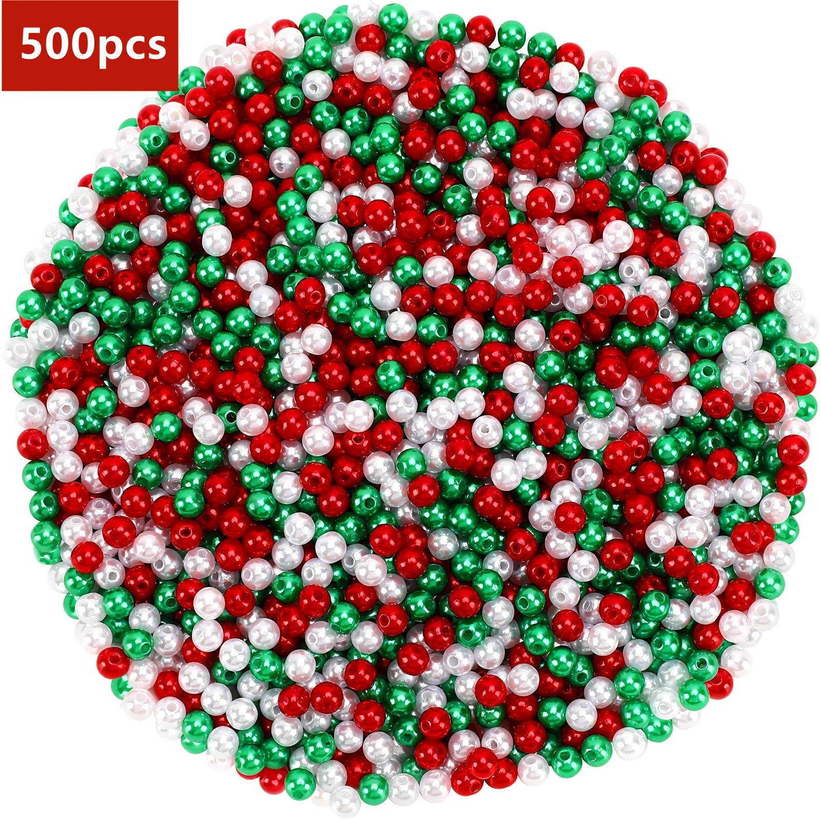TEMU 500pcs Christmas Beads Kit - Red Green White Round 6mm Glossy Holiday Craft Beads With Center Holes For Making, Necklace Bracelet Earrings,
