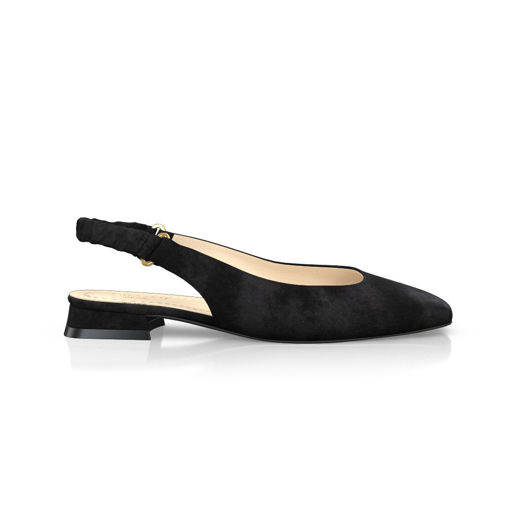 Ballerines slingback à bout carré Chaussures plates Sling Back Femme Faites main en Italie en Daim Noir - Sur Mesure, Petit, Brides, Enfiler -