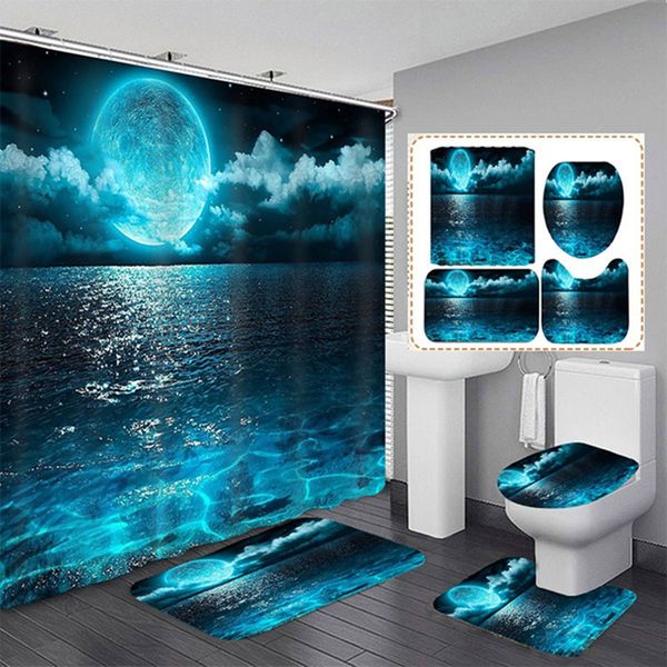 Shower Curtains Waterproof Shower Curtain Sets with Rugs Moonlight Sea Scenery Bath Rug and Mats with Hooks Toilet Seat Cover Bathroom Decor