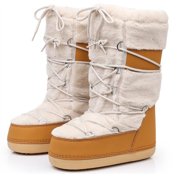 2024 Winter Snow Women White Woman Thick Fluffy Furry Faux Rabbit Fur Lace-Up Waterproof Warm Ski Boots
