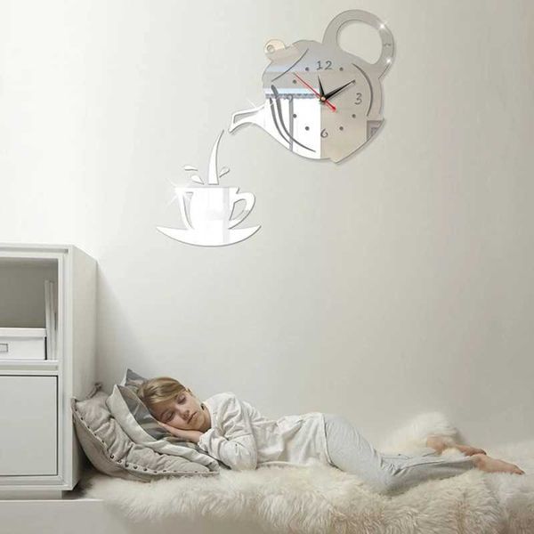 3D DIY Teapot Shape Wall Clock Acrylic Mirror Clock Modern Kitchen Home Decoration Wallpaper Hollow Digital Clock W240806