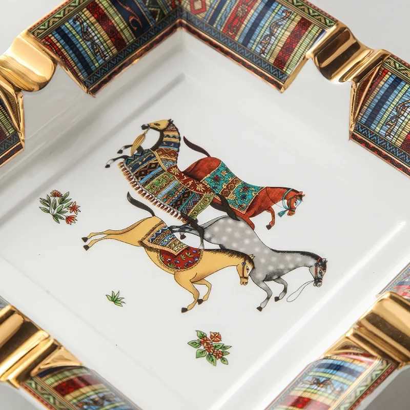Cigar Ashtray Ceramic Luxury Bar Horse Patten Art Grid Square Tobacco Ash Tray 4 Tubes Cigar Accessories F250926