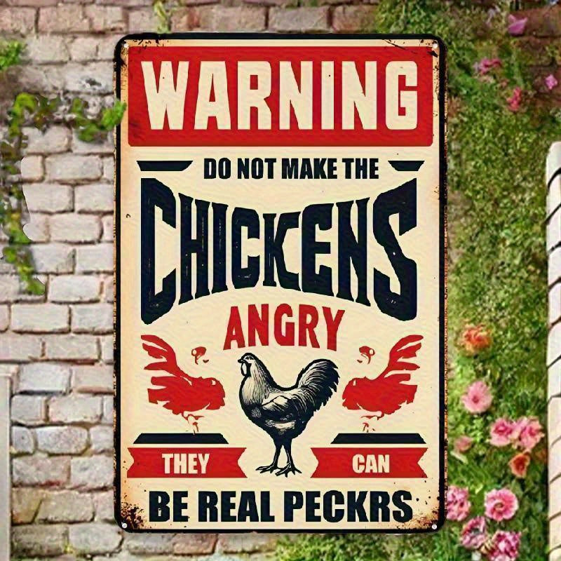 TEMU Vintage Chicken Warning Metal Sign - Iron Wall Decor Plaque With Humorous Slogan, Fun Retro Sign For Cafes, Bars, Shops - Durable Iron