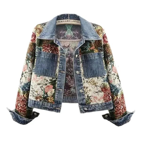Spring Autumn Printing Short Denim Jacket Women Fashion Loose Leisure Coat Patchwork Button Vintage Outerwear Female 240808