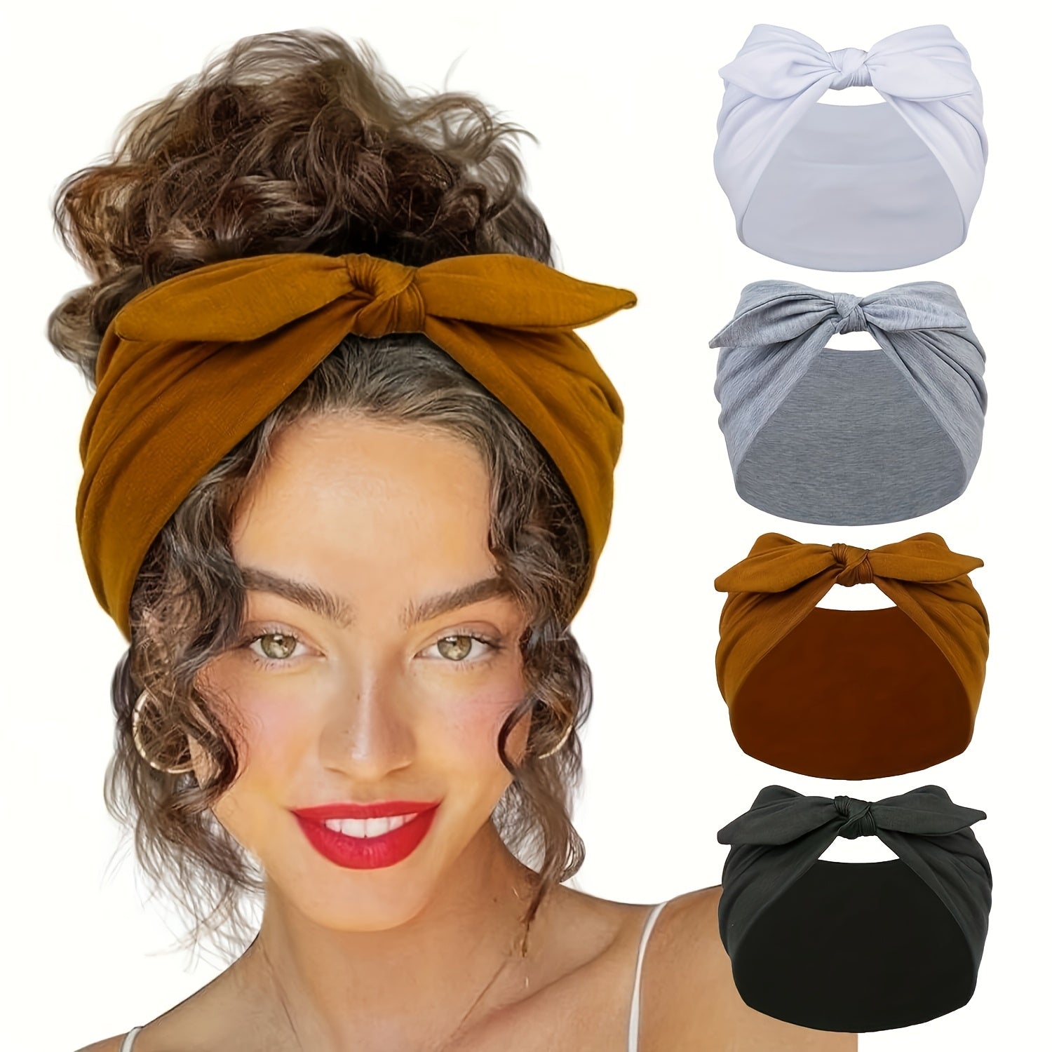 TEMU 4pcs Set Ear Knotted Headbands - Soft, Stretchy Wide Bands For Yoga & Casual Attire