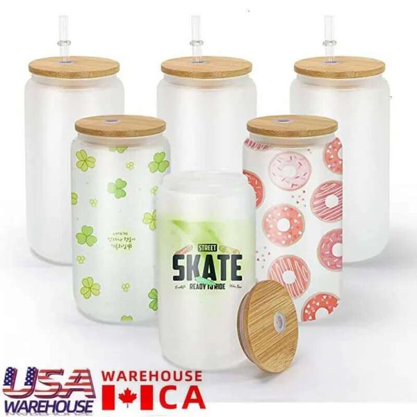 Local Sublimation 16Oz -Ca Warehouse USA Glass Beer Mugs Frosted Clear Can Shaped Tumbler Cups With Bamboo Lid Plastic Straw Coffee Soda Gla