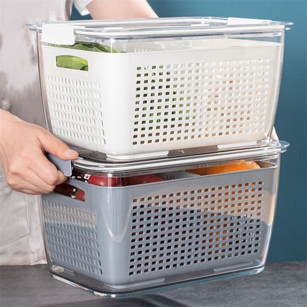 Storage Baskets Fridge Storage Box Refrigerator Fruit Vegetable Drain Basket Fresh-Keeping Box With Lid Storage Containers Kitchen Tools Coc