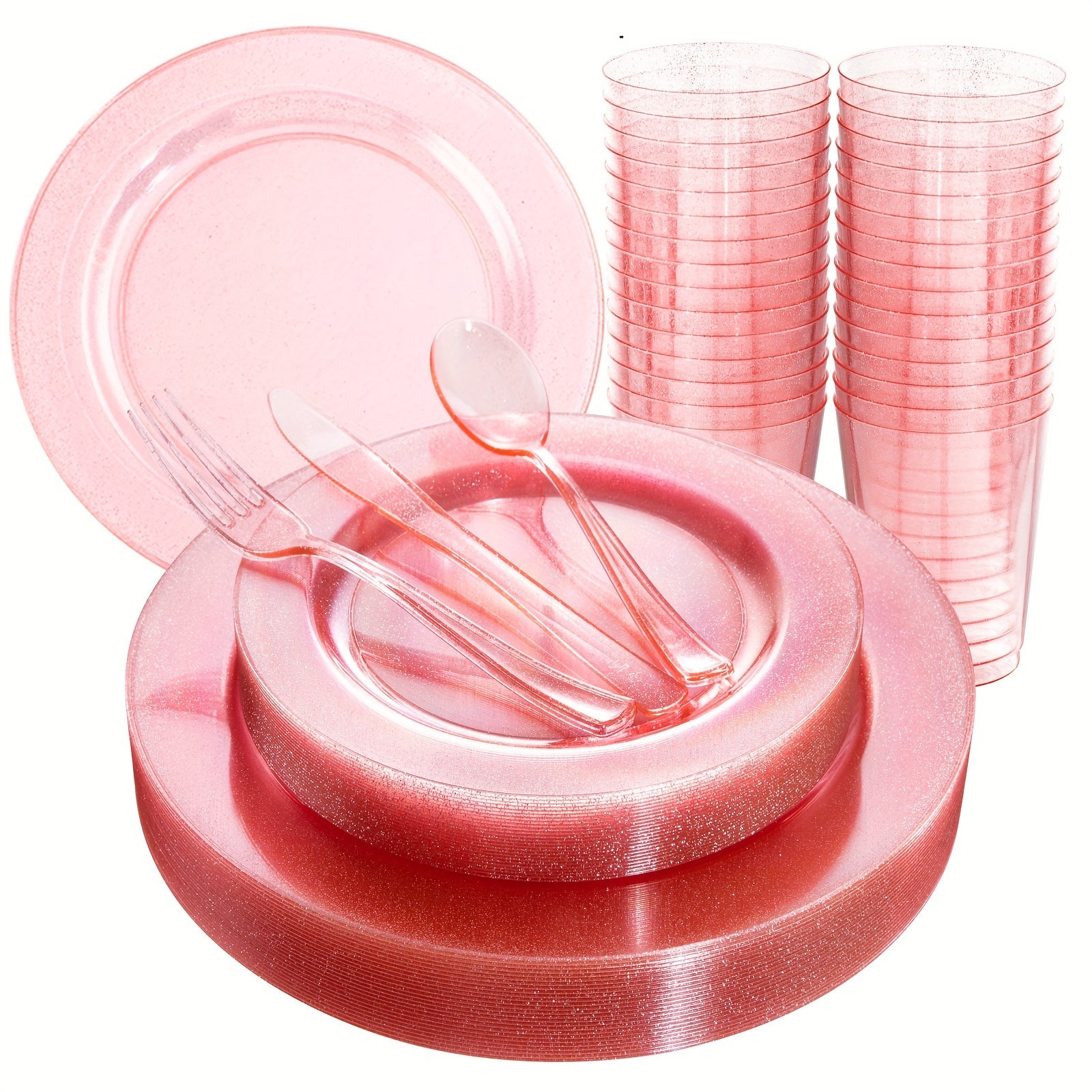 TEMU 150pcs Pink Plastic Plates Disposable Pink Dinnerware Set Clear Plates With Design 25 Dinner Plates 10.25inch, 25 Cake Plates 7.5 Inch, 75