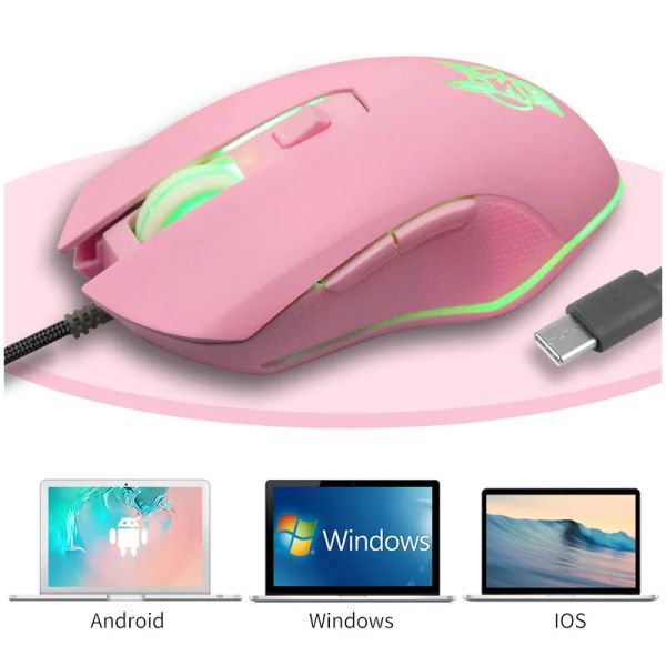 RYRA USB Type-C Wired Mouse Colorful Glowing Gaming Mouse New Pink Cute Kaqiu Mouse Optical Mouse Dazzling Gamer Pink Cute Mouse