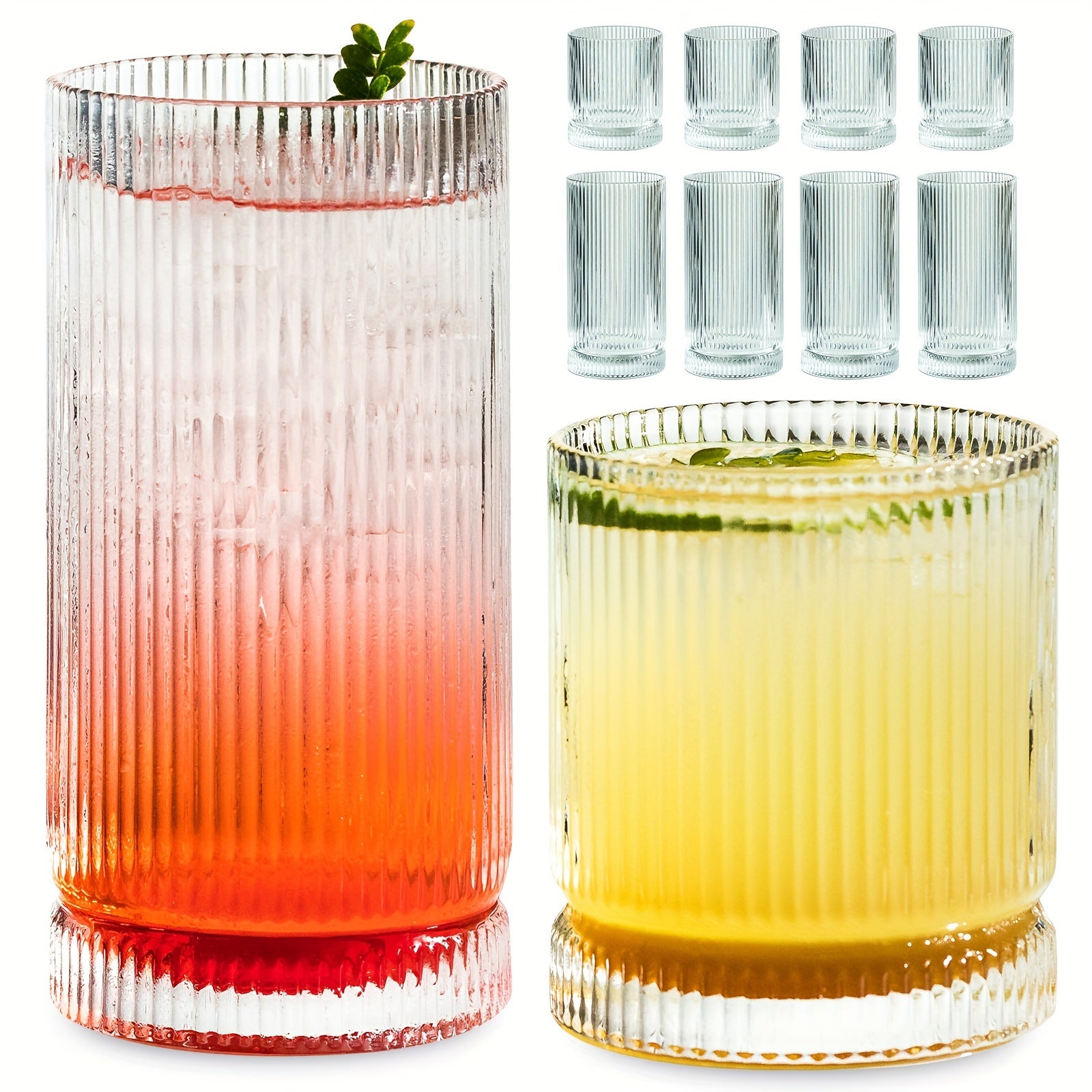 TEMU 8pcs, Drinking Glasses, Ribbed Glassware, Origami Style Glass Cups-4 Highball Glasses 16oz & 4 Rocks Glasses 13oz, Cups, Glass, Elegant Ripple