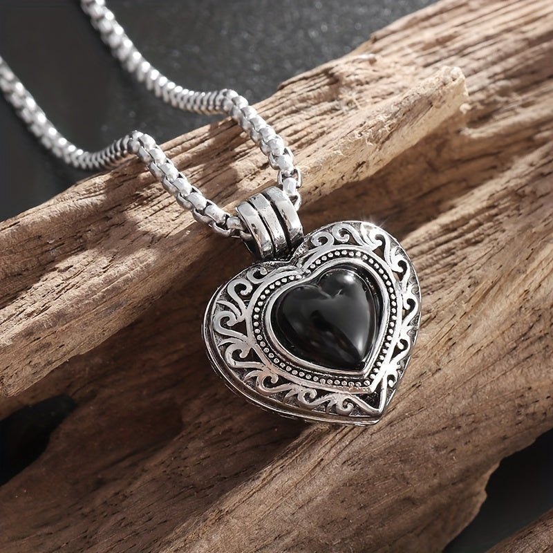 TEMU 1pc Fashion Heart Shaped Necklace, Romantic Black Stone Openable Pendant, Men Women Anniversary Jewelry Gift