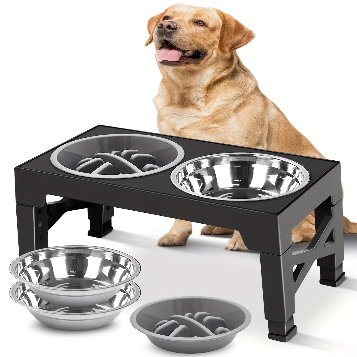 TEMU 3-in-1 Adjustable Dog Bowl Stand With 2 Stainless Steel Bowls & Slow Feeder, 5 Height Settings (3.2" - 12.2") For Small To Large Dogs, Sturdy