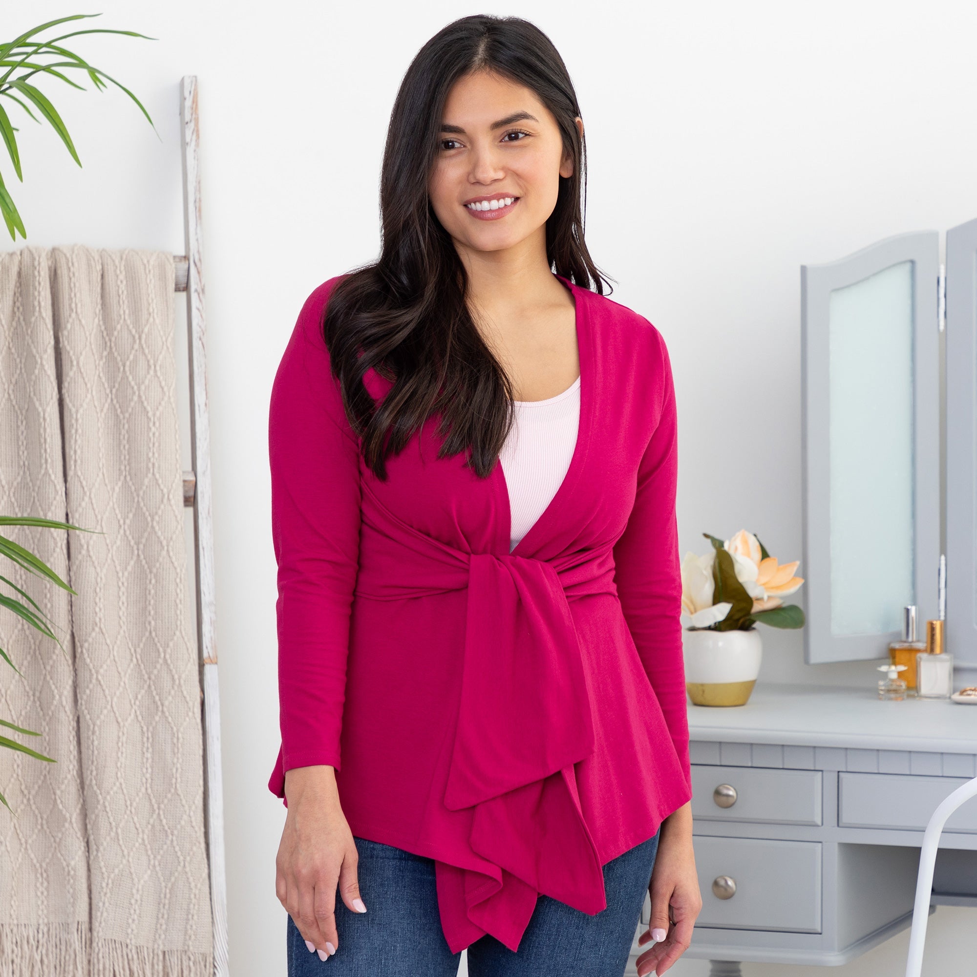 Bright Organic Drape Tie Cardigan - Berry - M