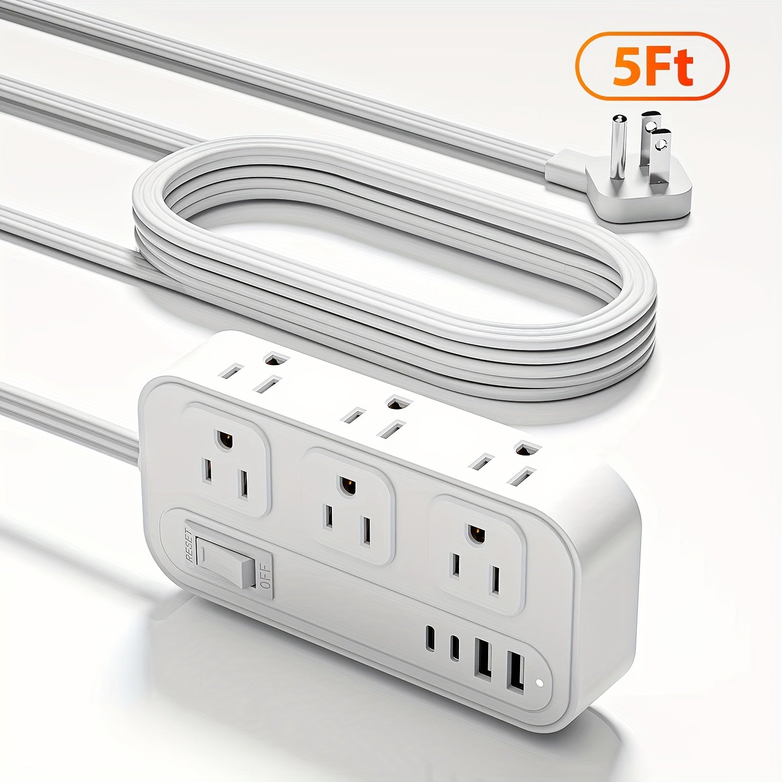 TEMU Flat Plug Protector Outlet Extender Power Strip With 5 Ft Thin Flat Extension Cord, 6 Ac Outlets, 4 Usb Charging Ports (2 Usb A & 2 Usb C), Desk