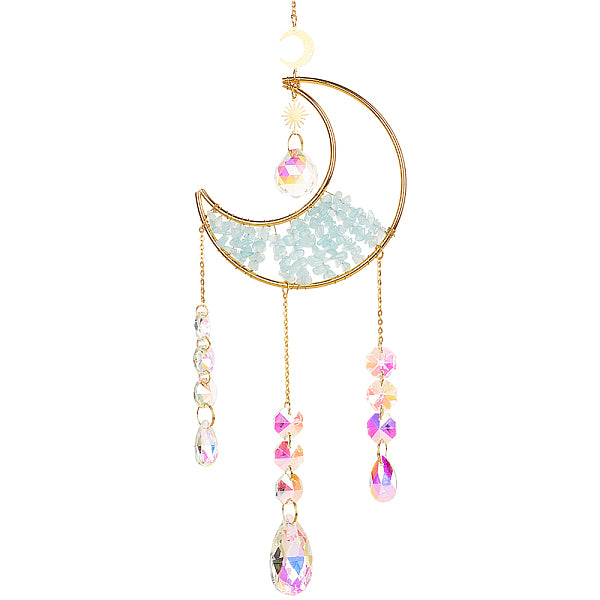 1Pc Alloy & Natural Gemstone Chips Moon Hanging Ornaments