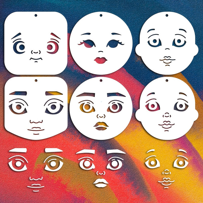 TEMU 6-pack Large 4.4x4.4 Inch Facial Stencils Templates - Reusable, With Different (smiling, Serious, ) - For Painting, Crafts, Doll Making, Home